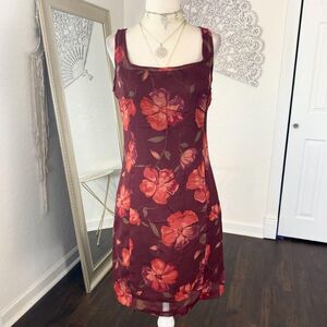 Esprit Euro Label Burgundy Red Y2K Floral Sheer Mesh Mini Dress S